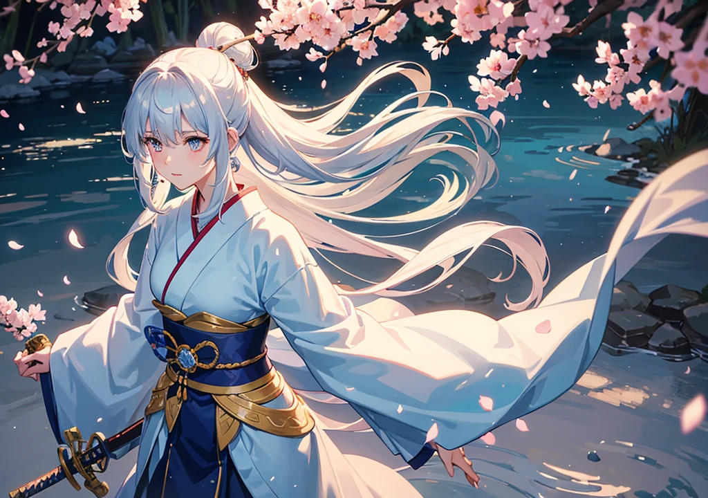 "A female anime character dressed in a traditional light-colored Japanese kimono, with long silver hair tied up in a high bun. Her eyes are bright light blue, with a supernatural touch. She is in a Japanese garden with cherry blossoms falling around, reflected in the water. The character carries a katana at her waist, giving the impression of being a warrior. Elements of ice or energy emanate from her hair and eyes, adding a mystical aura to her presence. The scene should have a serene and calm atmosphere, with soft lighting and realistic details."