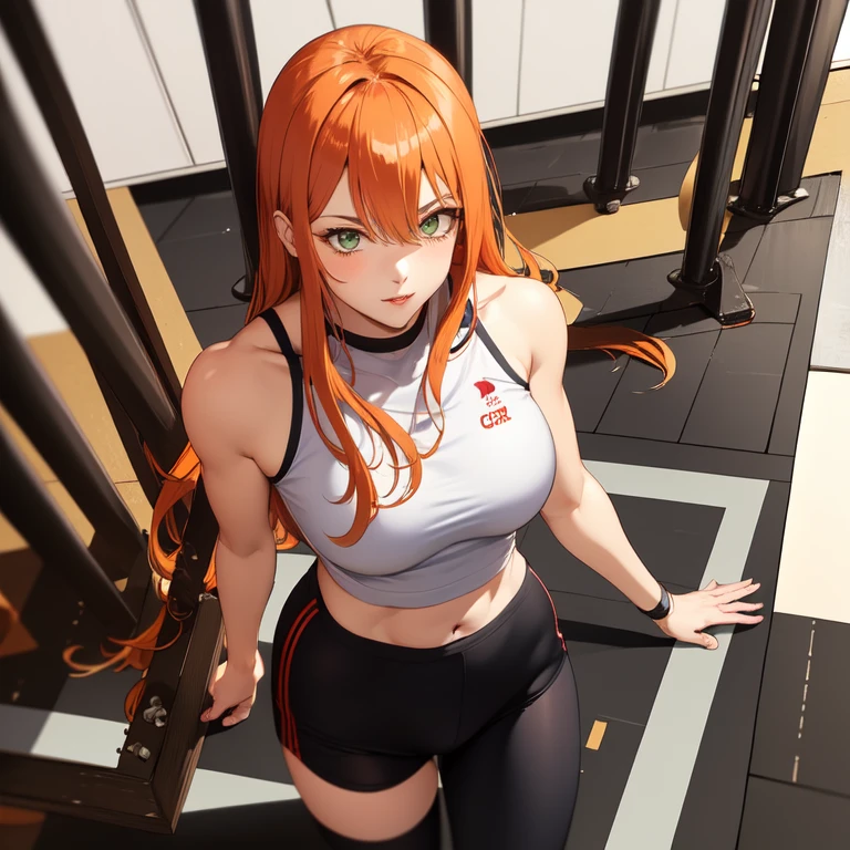 strong woman with orange hair, green eyes, super tight clothes in a gym 