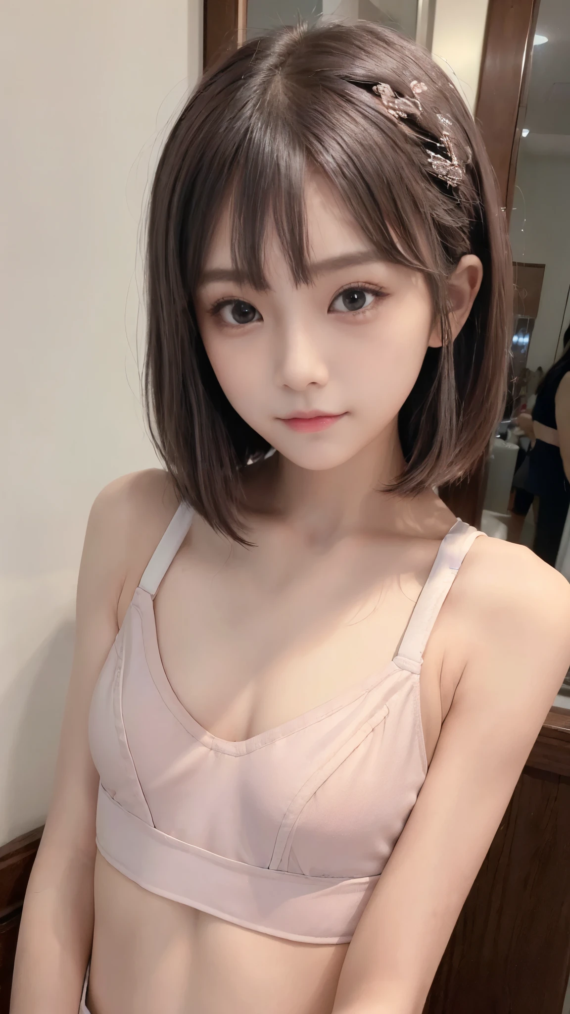(((girl with flat chest:1.4)))、(14 year old beautiful girl、Baby Face:1.4)、Slender body line、Small and slender figure、((Sports bra:1.3))、((Detailed eyes and face:1.2、Professional photography techniques))、(Detailed hands:1.2、The right move:1.2、Fine Fingers)、(Tight waist、Slim Belly)、Thin thighs、Beautiful buttockoisturizing lips、(Beautiful eyes with attention to detail)、double eyelid、Small Nose、Cute Face、Beautiful Skin、(Correct Anatomy)、Highest quality、Highest quality、Masterpiece、Ultra high definition、(Reality:1.37)、(Gaze at the viewer、blush:1.2、A sweet expression:1.3)