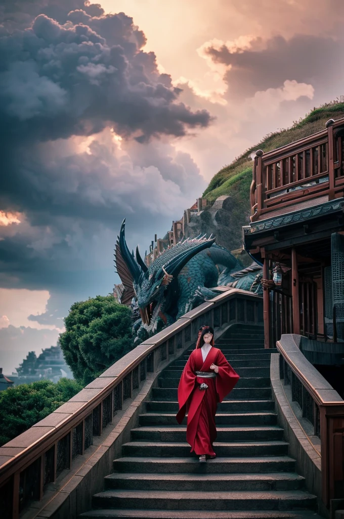 BJ_Sacred_beast,red_eyes,outdoors,horns,sky,cloud,no_humans,bird,cloudy_sky,scenery,stairs,fantasy,dragon,Japanese cityscape, eastern_dragon, cinematic lighting,strong contrast,high level of detail,Best quality,masterpiece,Live-action video, super realistic