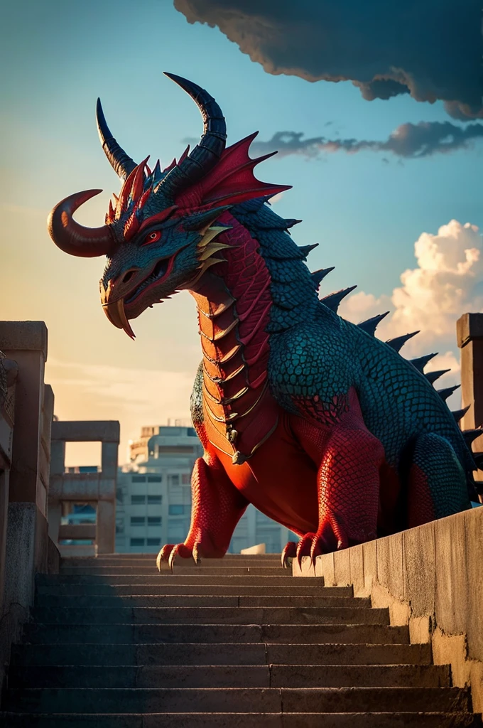 BJ_Sacred_beast,red_eyes,outdoors,horns,sky,cloud,no_humans,bird,cloudy_sky,scenery,stairs,fantasy,dragon,Japanese cityscape, eastern_dragon, cinematic lighting,strong contrast,high level of detail,Best quality,masterpiece,Live-action video, super realistic