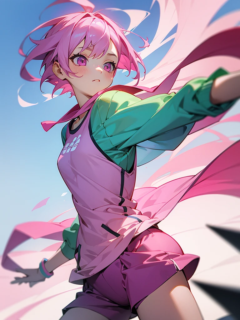 Masterpiece, best quality, 1girl, young, pink hair, pink eyes, short jogging outfit