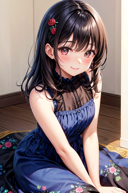 One adult woman,Small ,Black Hair,Berry Short,Shoulder-length hair,Light brown eyes,Blue dress,Floral dress,Long dress,blush,smile,,くすぐるようなsmile,clear