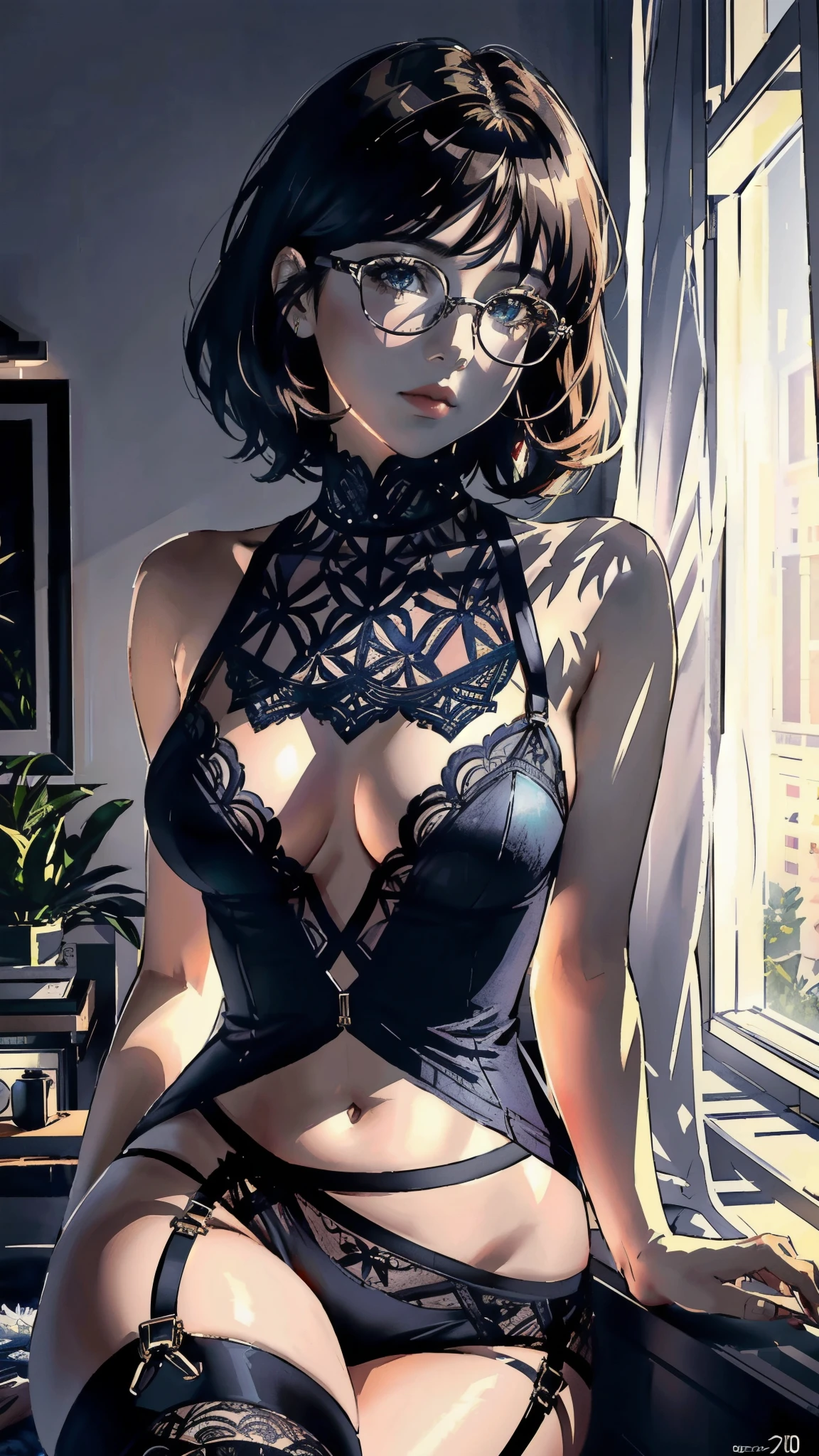 Anime, a sexy woman in striped thigh high stockings, garter belt and lace lingerie, curvy voluptuous body, beautiful face, perfect figure, blue eyes, pupils, brown bobcut hair, glasses, (best quality,4k,8k,highres,masterpiece:1.2),ultra-detailed,(realistic,photorealistic,photo-realistic:1.37),intricate details,exquisite lighting,cinematic composition,dramatic shadows,warm color palette