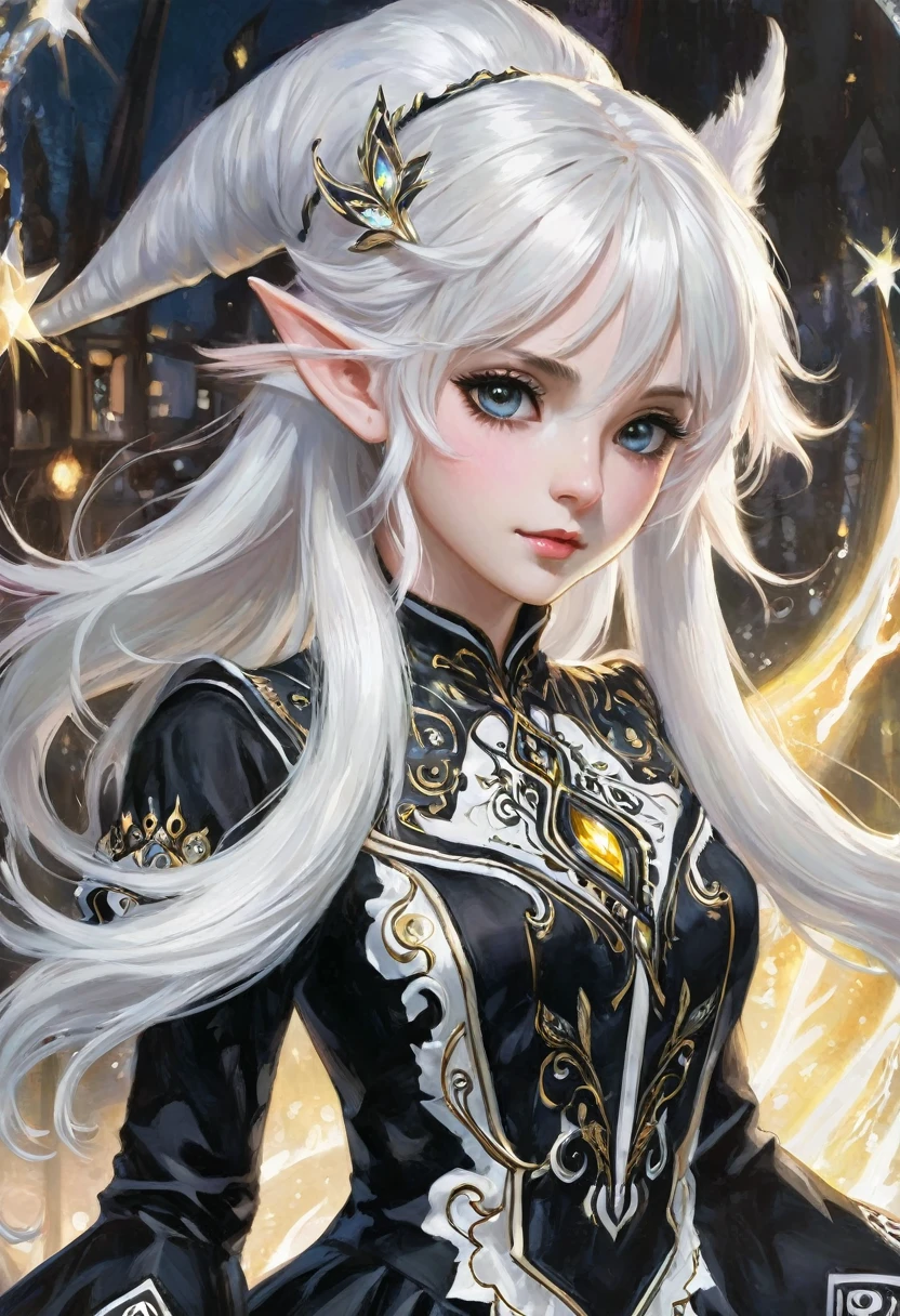 1 magician girl, expressive eyes, elf ear, white hair, black patterned clothes dress, using his magic powers, , detail richness, masterpiece, best quality