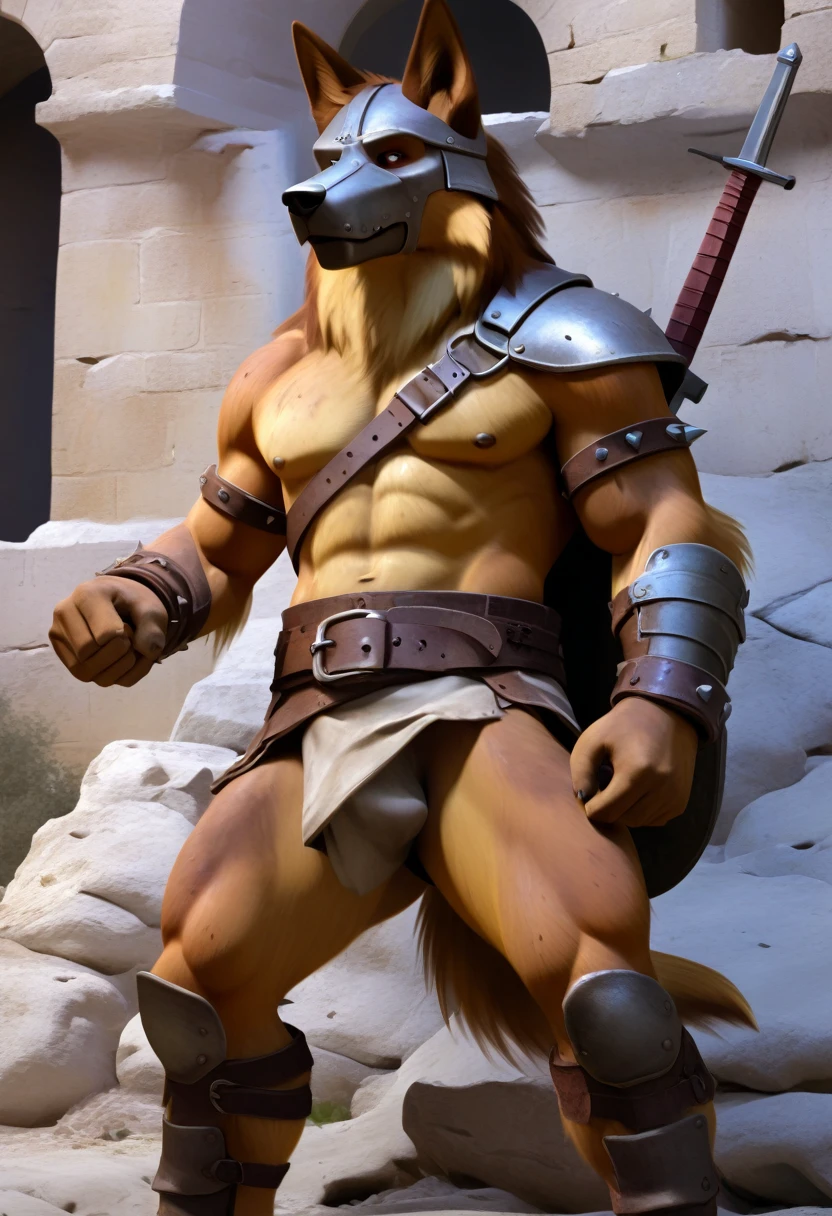 Solo Sexy anthro furry german shepherd male; ancient Mediterranean desert warrior; slim mesomorph handsome model apperance apperance; anthro muzzle head shape leather helmet mask with eye holes; anthro muzzle head shape leather helmet mask with eye holes, anthro muzzle head shape leather helmet mask with eye holes, sword scars; worn out rusty sexy skimpy armament. He has low on hips heavy leather studded heavy belt. he has narrow in the crotch very old worn out bulgy tigh jockstrap (smelly jockstrap fetish); His jockstrap it is made of old white worn out matte leather sewn together from a few pieces, it has never been washed, it is dirty and has stains from secretions of dried semen and sweat; His armor is old heavy brown harness with armlets studded with spikes; rusty old skimpy breatsplate armor, he has old brown leather BFR Bands on Biceps and his thighs, he has old worn out fingerless leather gloves. His armor is in ruin, it is very very old and dirty, rusted, dirty, old worn out, rusty breastplate. Even though he is a handsome and sexy man, he has a sloppy appearance, has disheveled unwashed dirty fur, dirty body look. he smells, he has stains from old blood, dirst, cum, mud, smelly furr, disgusting bastard looking. He stands proudly bravely in the Mediterranean sunny pine forest; he stands upright, furious, with his sword raised in a ready-to-fight position, he holds a sword in his right paw, ready for incoming fight; he has a proud, threatening and defiant expression on his face, with little dirty dangerous smile; he has narrow in the crotch very old worn out bulgy tigh jockstrap (smelly jockstrap fetish); His jockstrap it is made of old white worn out matte leather sewn together from a few pieces, it has never been washed, it is dirty and has stains from secretions of dried semen and sweat;, he has narrow in the crotch very old worn out bulgy tigh jockstrap (smelly jockstrap fetish); 