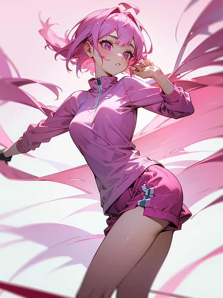 Masterpiece, best quality, 1girl, young, pink hair, pink eyes, day, short jogging outfit