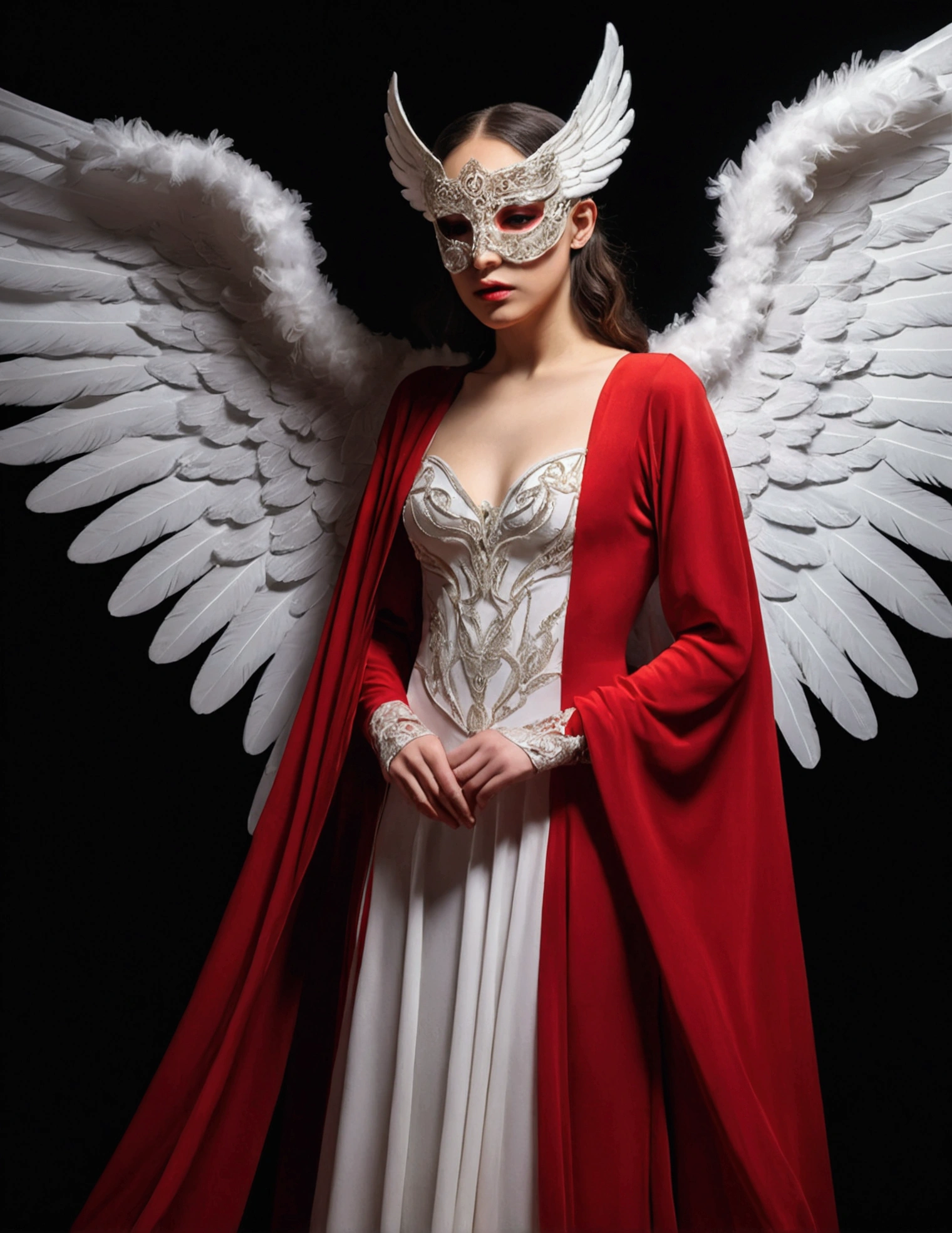 singer in a white half mask, large angel wings, long red dress, Innocence