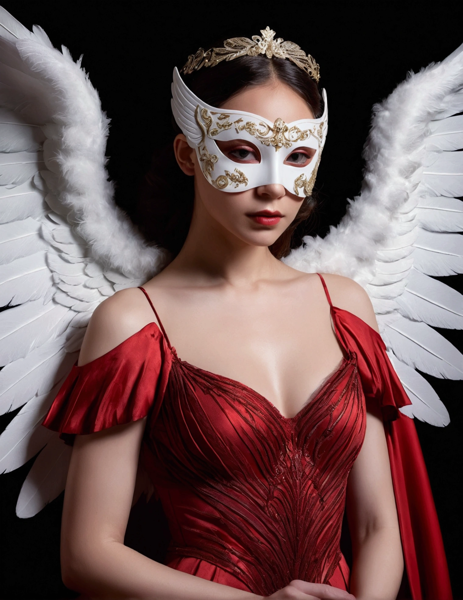 singer in a white half mask, large angel wings, long red dress, Innocence