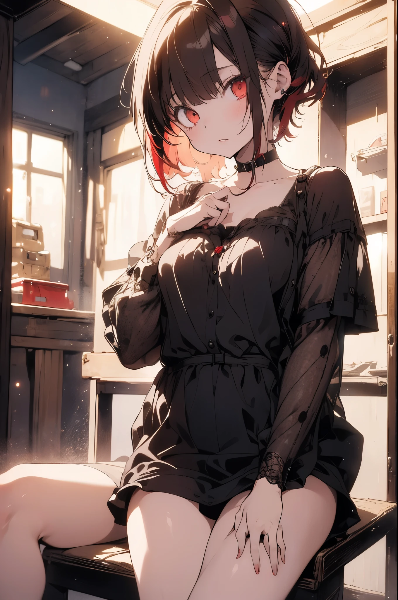 Ridiculous resolution, high resolution, (masterpiece:1.4), Ultra Detail, 1 young zombie girl, Red short hair,Messy hair，Pale skin，Unfocused eyes，Sexy Lingerie, Sitting in an extremely narrow and enclosed room, The light and shadow don’t need to be so delicate，Stroke，Low exposure