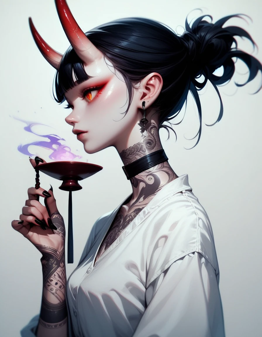 (score_9, score_8_up, score_7_up), zPDXL, 1 girl, alone, profile, pensive look, simple background, dark room, sitting on a chair, snake eyes, upper body, tied hair, black hair, simple clothes, horns, white shirt, holding incense, tattoos, incense releasing smoke, black choker, background of a room, red oni horns, blunt bangs, dark aura, tattoos all over body, side view