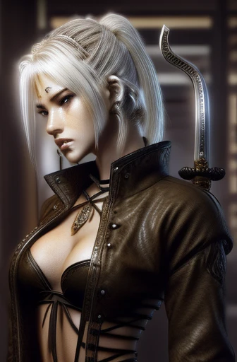 a close up of a woman with a sword in a room, very beautiful cyberpunk samurai, inked, she is holding a katana sword, female samurai, she is holding a sword, posing with a sword, cyberpunk angry gorgeous goddess, unsheathing her katana, a sexy blonde warrior, yakuza slim girl, with large sword, katana, beautiful sword
