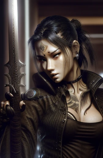a close up of a woman with a sword in a room, very beautiful cyberpunk samurai, inked, she is holding a katana sword, female samurai, she is holding a sword, posing with a sword, cyberpunk angry gorgeous goddess, unsheathing her katana, a sexy blonde warrior, yakuza slim girl, with large sword, katana, beautiful sword