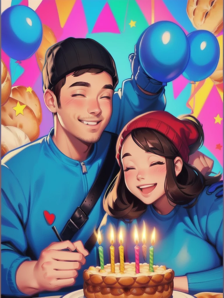 cute couple, happy birthday, gloves, friends, beanies, cartoon style, lineart, chubby girl, bread,