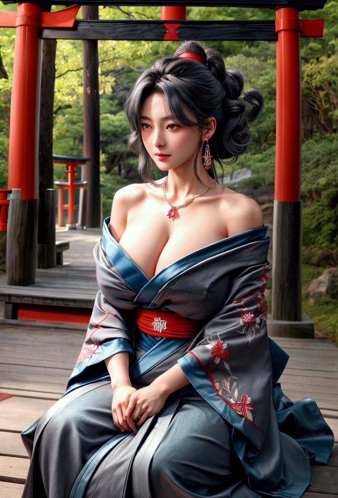 (8k, RAW Photos, of the highest quality, Masterpieces:1.2、Raw photo)、Portraits, high resolution RAW color photos, Professional Photos、Super Resolution, 8k, (Realistic, Real Photos: 1.3), 1 persons、super detailed, highly detailed and beautiful, Highly detailed, Amazing details、Cute beautiful woman with perfect body:1.4、Slim big:1.2、Full body image, Amazing details、Cute beautiful woman with perfect body:1.4、Slim big:1.2、shinny skin、Glossy lips、High-definition face and skin texture、A detailed eye、double eyelid、Highly detailedな、((The skin is shiny:1.2))、((Dark gray hair color、Ahair、Curled Hair)), ((Breast H Cup:1.2, very large breast:1.2、Too large breasts:1.2、Bursting breasts:1.2))、((((ample breasts:1.4))))、((((The skin is shiny:1.4))))、(Beautiful abs)、(High Definition Breast、happy facial expression), ((married woman:1.2))、((Big necklace、large earring))、((Off-the-shoulder kimono、Blue and black kimono)), (((Kimono with frills:1.1)))、((embroideries:1.2))、((full body Esbian:1.3、Shooting from a distance:1.3))、((shrines:1.2、multiple red torii gates、Kagami mochi、January))、((sit in front of the torii:1.3))、((Bold look))