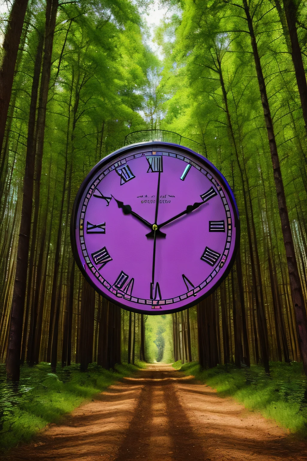 a paint of big purple clock in a da vinti stlye. forest.