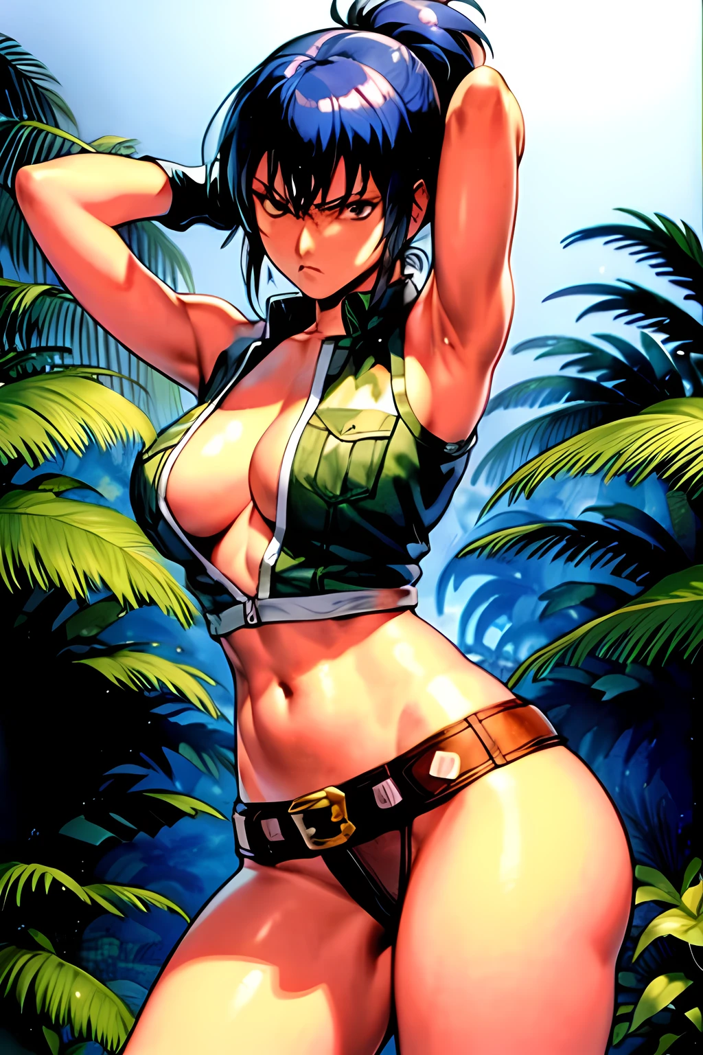 masterpiece, best quality, anime 1990s \(style\, leona heidern, no bra, fully open vest, thong ,jungle, pony tail, wet, serious, gloves, , sleeveless, belt, touching hair, dirty.
