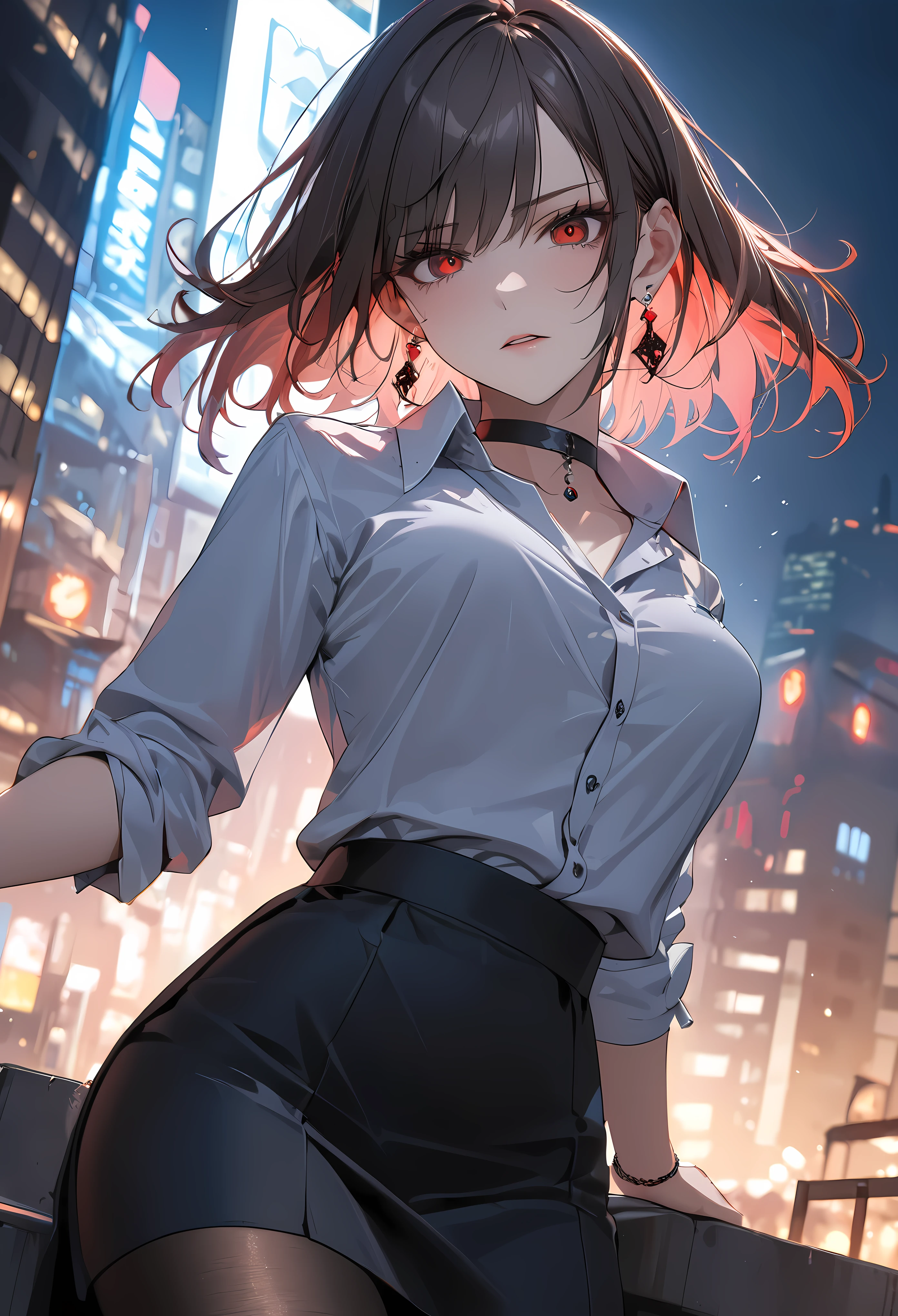 best quality, super_delicate, ultra detailed, beautiful, 8k , 1girl, red eyes, evil, business shirt, skirt, earrings, choker, black tights, night, AissistXLv2