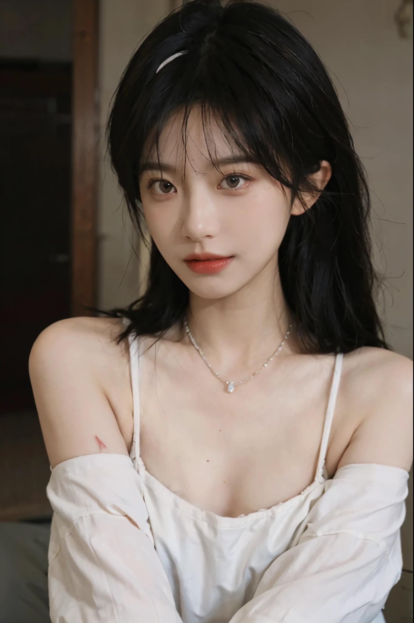 Film portrait photography, 1 girl, bare shoulders,lipstick,(flat chest:1.4), Shoulder length wavy hair, wear necklace,Headbands,earringouth nail,short sleeves,serene, calm, (Realistic and detailed eyes, natural skin texture, Realistic facial details), Soft dramatic lighting, depth of field, Bokeh, Vibrant details, detailed meticulous, hyper-realistic, 35mm film, hazy, ,
