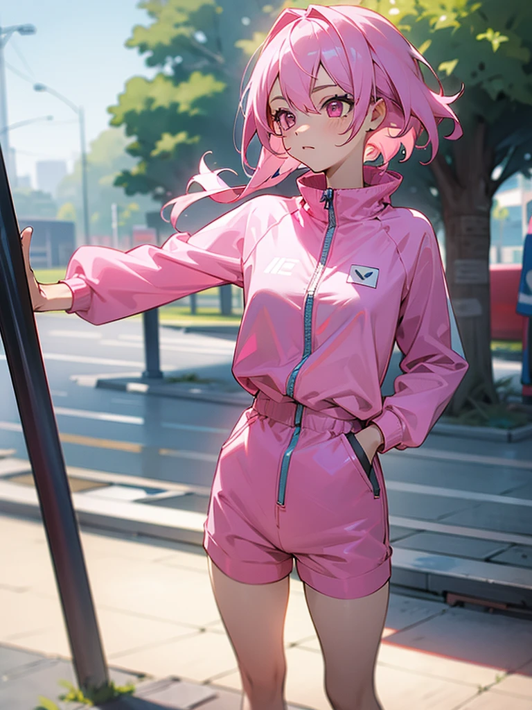 Pink hair short-haired, white collar sleeve short clothes, shorts, pantyhose, girl, outdoor, tech sneakers