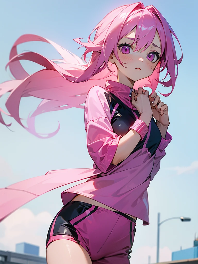 Masterpiece, best quality, 1girl, young, pink hair, pink eyes, day, short jogging outfit