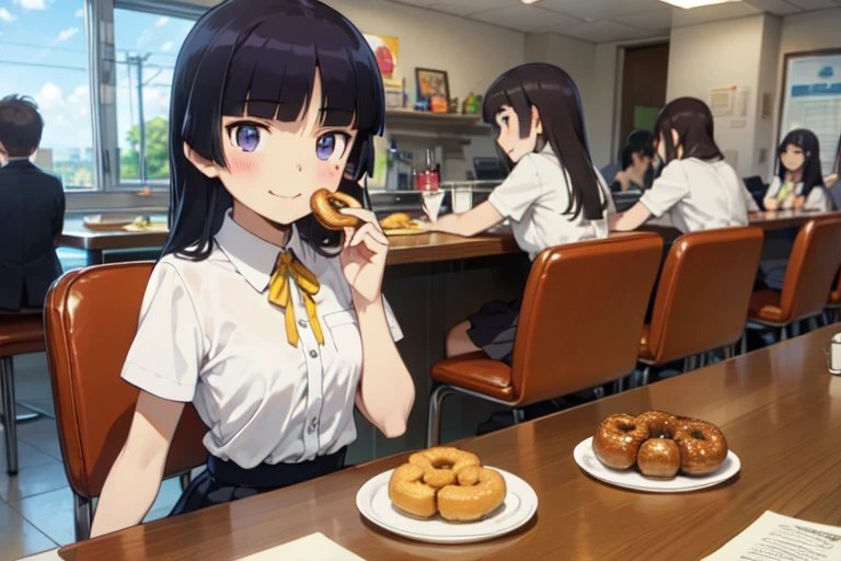 (Eating a donut), A diner with rows of colorful donuts, Retro interior, table,tray, drink, Cup, Smiling and holding a donut, Vibrant colors, American style design, (ruri gokou), girl, (alone), Hime cut, Black socks, Short sleeve, Grey Skirt, Hime cut, push into, White shirt, Collared shirt, Yellow ribbon, , masterpiece,