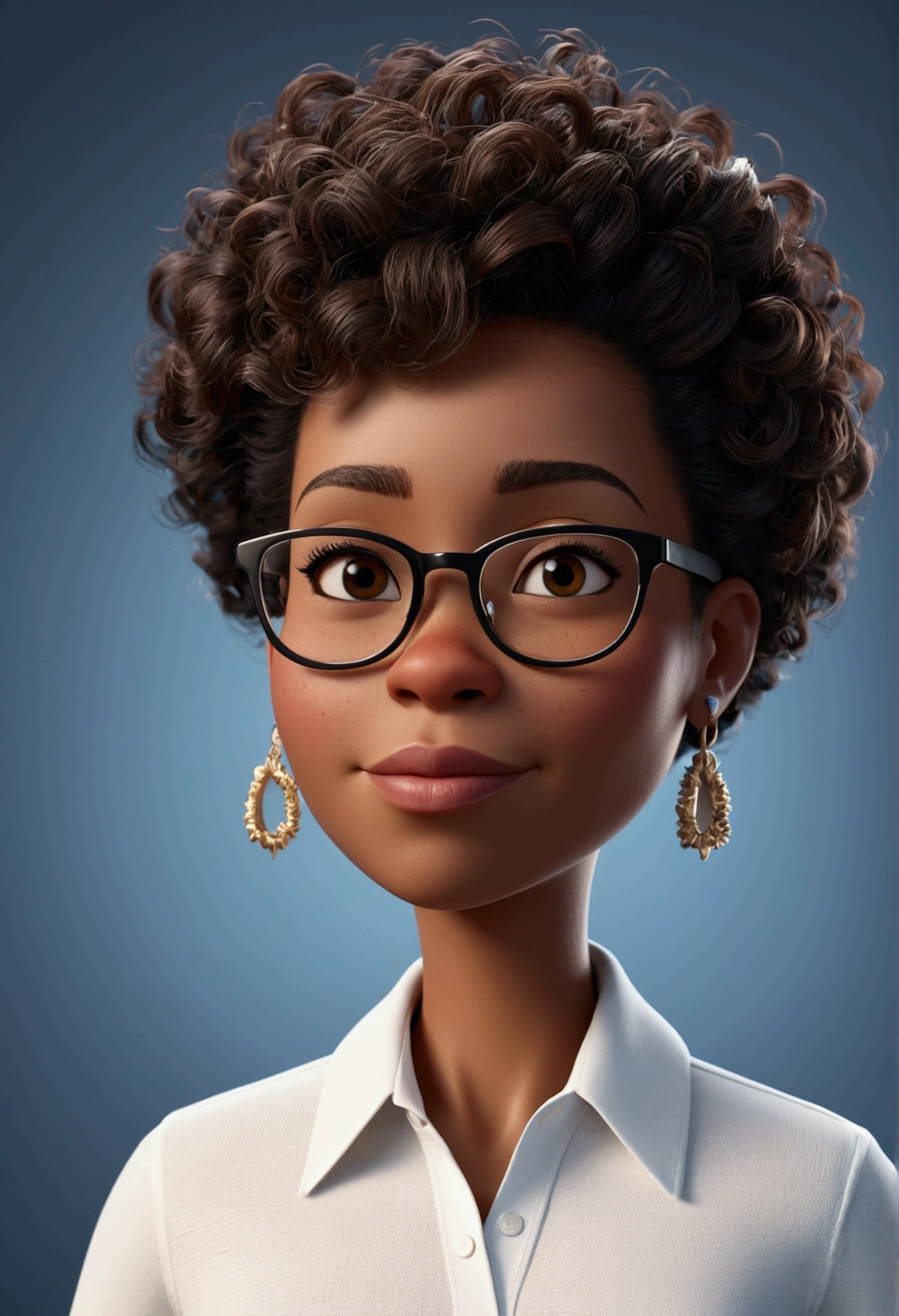 Cartoon character of a black woman in glasses and white shirt, an animated character, stylized character, animation style rendering, 3d stylized, Arnold Maya rendering, Stylized 3D rendering, toon render screenshot, 3d character, 3d character, Stylized 3D rendering, 3D character rendering, cartoon character, Personagem de close up, character posing, (Pixar-style) (master part:1.2) (bokeh) (best qualityer) (skin detailed) (detailed texture) (8k) (Argilla) (cinematic lighting) (sharp focus,Sit down and lift your upper body
