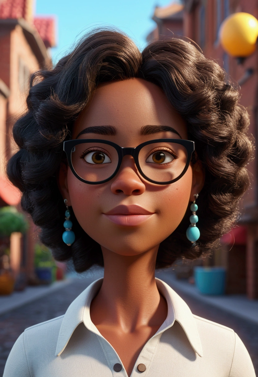Cartoon character of a black woman in glasses and white shirt, an animated character, stylized character, animation style rendering, 3d stylized, Arnold Maya rendering, Stylized 3D rendering, toon render screenshot, 3d character, 3d character, Stylized 3D rendering, 3D character rendering, cartoon character, Personagem de close up, character posing, (Pixar-style) (master part:1.2) (bokeh) (best qualityer) (skin detailed) (detailed texture) (8k) (Argilla) (cinematic lighting) (sharp focus,Sit down and lift your upper body