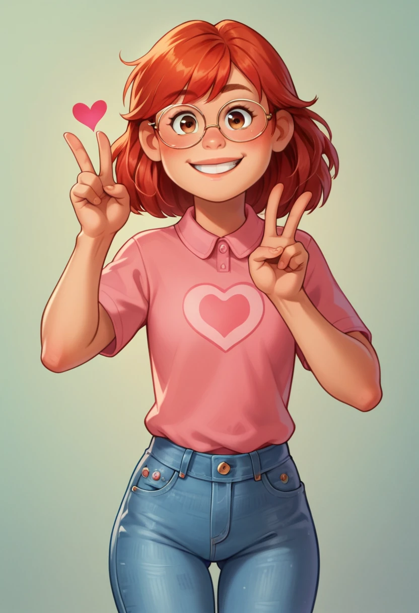 May Lee, Red hair, eyes browns, Tilt your head, cowboy shot, Thin glasses, cerulean, ((pink polo blouse), bared shoulders, 1 girl, standing alone, ((calça jeans ceruleanado)), heart sign, gazing at viewer, all-body, pose, tênis cerulean, best quality, no flaws