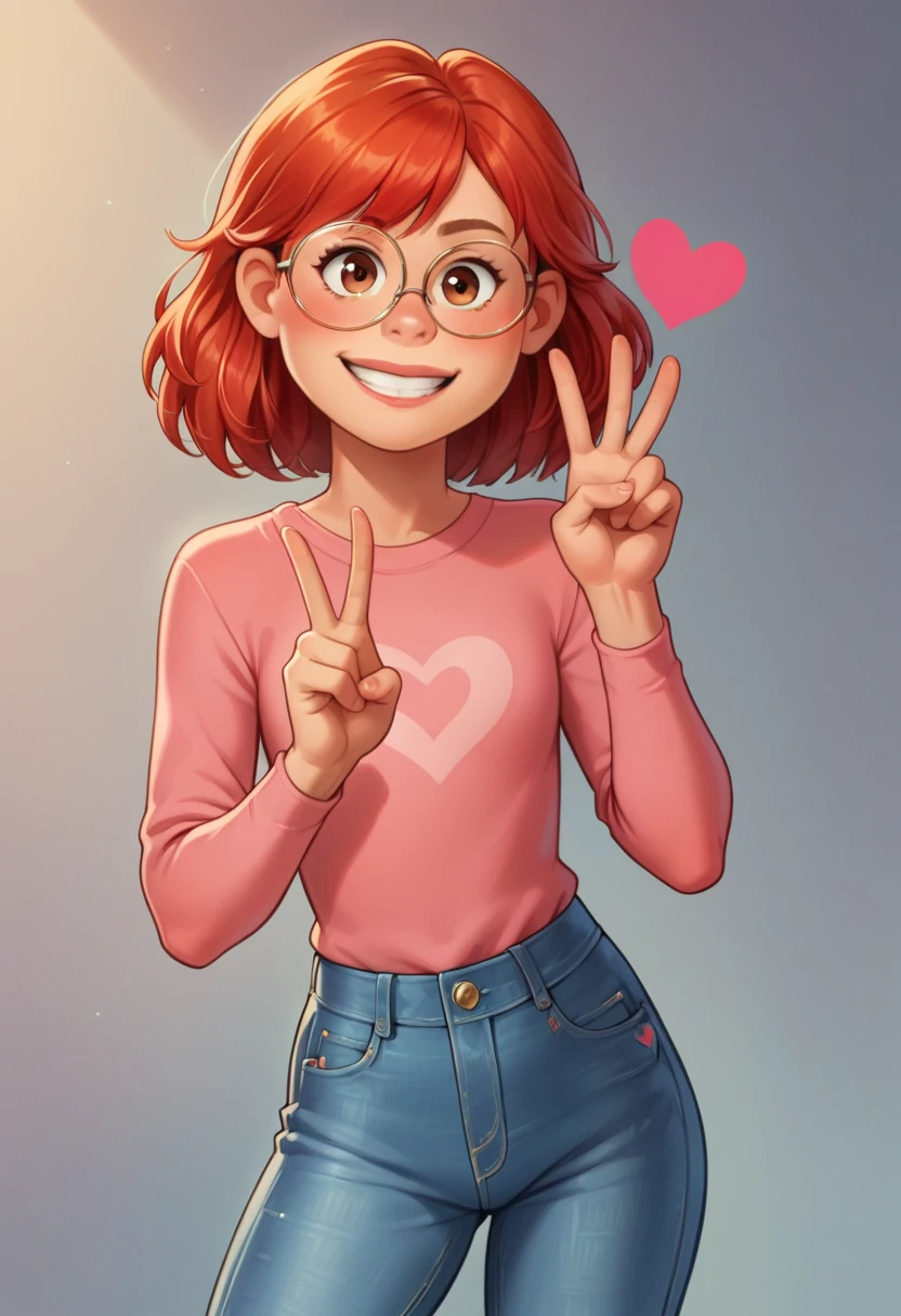 May Lee, Red hair, eyes browns, Tilt your head, cowboy shot, Thin glasses, cerulean, ((pink polo blouse), bared shoulders, 1 girl, standing alone, ((calça jeans ceruleanado)), heart sign, gazing at viewer, all-body, pose, tênis cerulean, best quality, no flaws