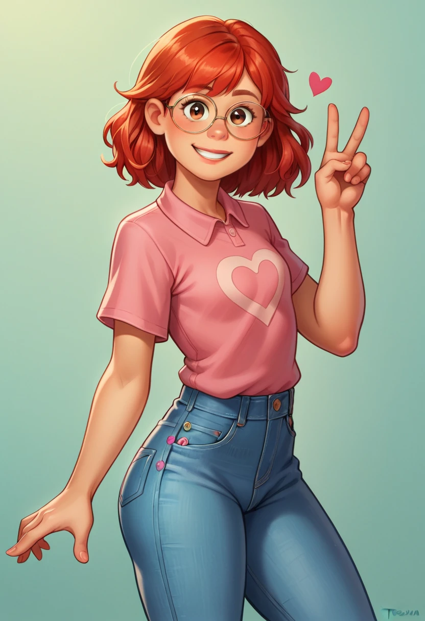 May Lee, Red hair, eyes browns, Tilt your head, cowboy shot, Thin glasses, cerulean, ((pink polo blouse), bared shoulders, 1 girl, standing alone, ((calça jeans ceruleanado)), heart sign, gazing at viewer, all-body, pose, tênis cerulean, best quality, no flaws