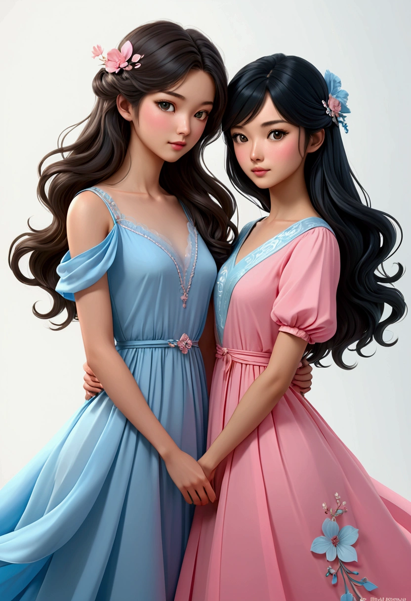 TWO beautiful Sarah Kay style women, deeply in love. One with light brown, semi-long hair, delicate British features, dressed in a light blue dress and the other is Asian, with long, loose black hair, dressed in a pink dress. illustration, 3d render, photography, realistic, anime, photography. , poster, fashion, portrait photography