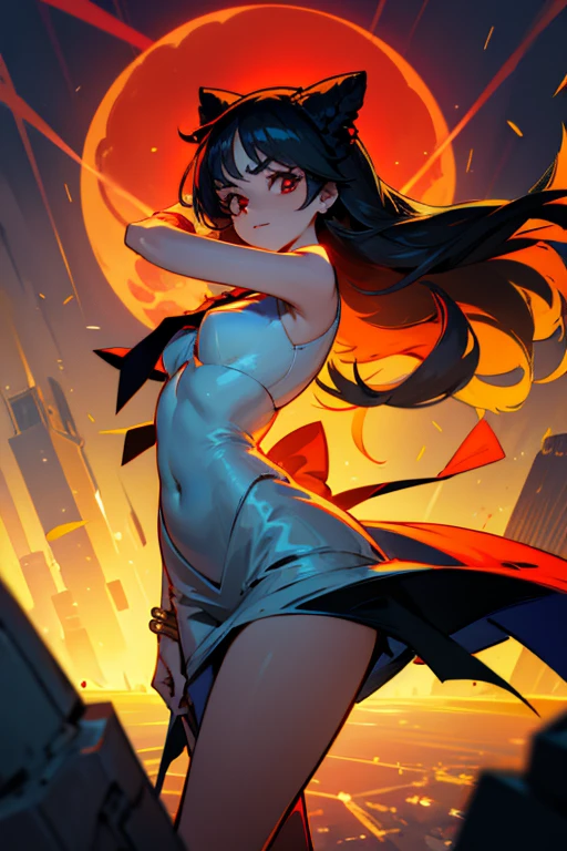 entire body image, flat stomach, high quality image of only one anime-style gothic girl, the girl has a very thin body, the girl have a evil smile in her face, good body, good anatomy, the girl has white skin, the girl has little human ears, red eyes, the girl has straight black hair, the girl have straight bangs in her forehead, her hair cover all her eyebrows, the girl has long hair, the girl is posing sexy, the girl is wearing a short white tight dress with a red tie, bare shoulders, gold jewelry in all her body, the girl expels shadows from all over her body, The girl carries iron paws in her hands, the girl wears a sovietic ushanka hat, The background of the image is a neon futuristic devastated city,