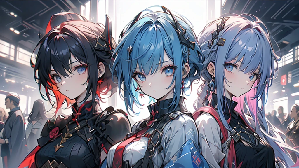There are four people lined up. The first is a red-haired woman with a one-handed sword. The second is a blue-haired man with a tank. The third is a black-haired wizard of unknown gender. The fourth is a yellow-haired healer.
