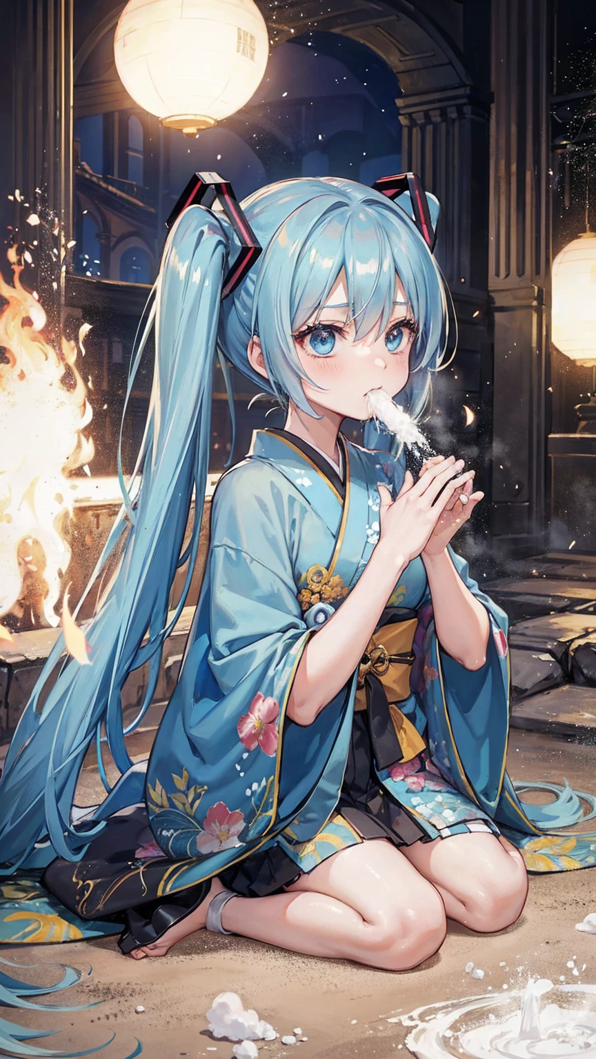 Hatsune Miku in a kimono, surrounded by a large army in the middle of the Colosseum, sucking powder from her nasal mucosa