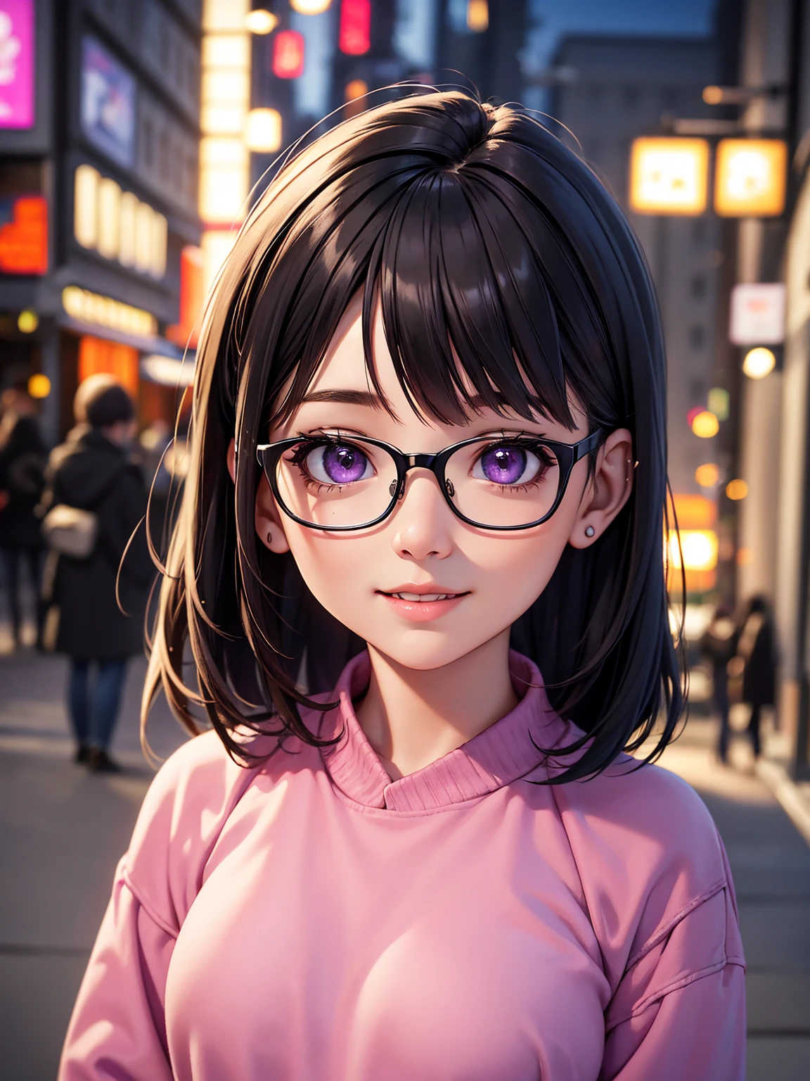 rich in detail:1.5, high resolution, Natural strokes and colors, natural lighting, face detailed, detailed hair, eye detailed, detailed nose, detailed lips. an adult and beautiful girl:1.9, wearing a pink sweatshirt, wearing prescription glasses, city at night, with short black hair, purple eyes, and with a smile.