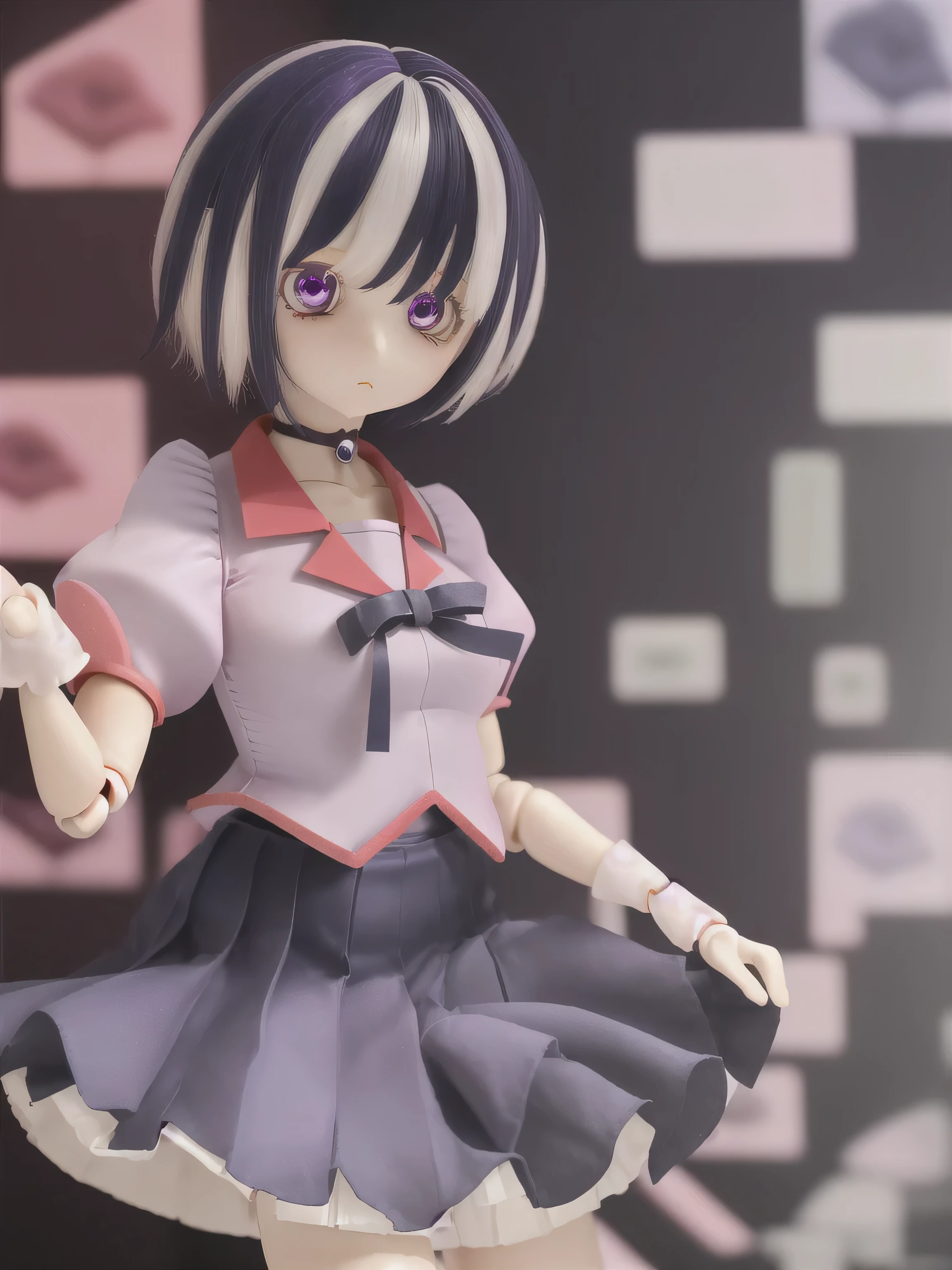 cowboy shot, 1girl, altTsubasa, multicolored hair, purple eyes, short hair, bjd, doll, joint seams, doll joints, , pink shirt, puffy sleeves, short sleeves, ((pleated navy skirt)), looking at viewer, petals, absurdres, best quality, uhd, masterpiece, 16k