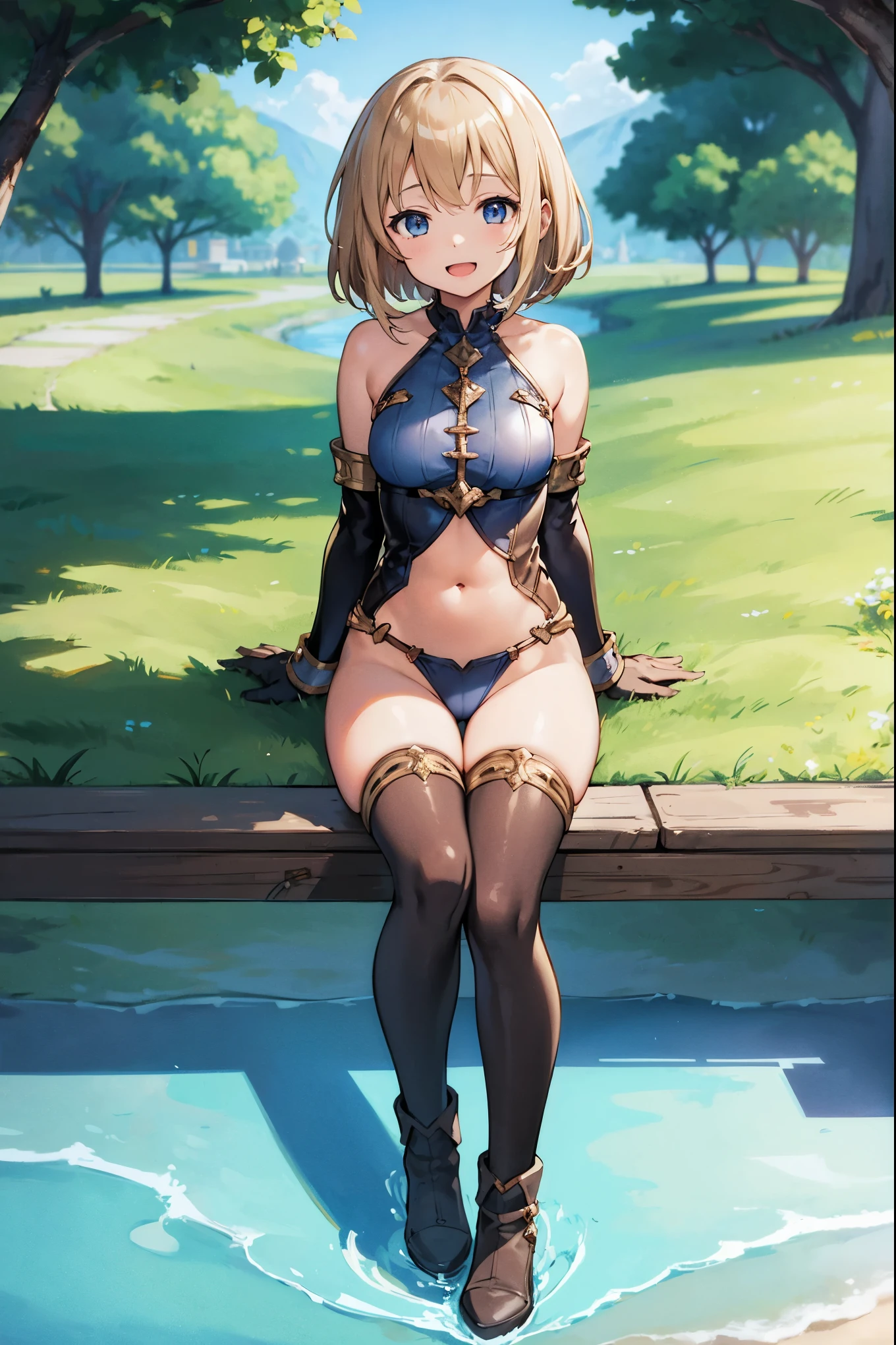 GRANBLUEfantasy,ung_teeirl,brown_hair,medium_bob_hair,platina_blond_hair,white_leotard,covered_crotch,thigh-highs,smile,standing,bluesky_landscape_background,slightly_spread_legs,happiness, short_gloves ,solo, r18, navel,relicbuster,short,boots,open_mouth,sitting,knees,