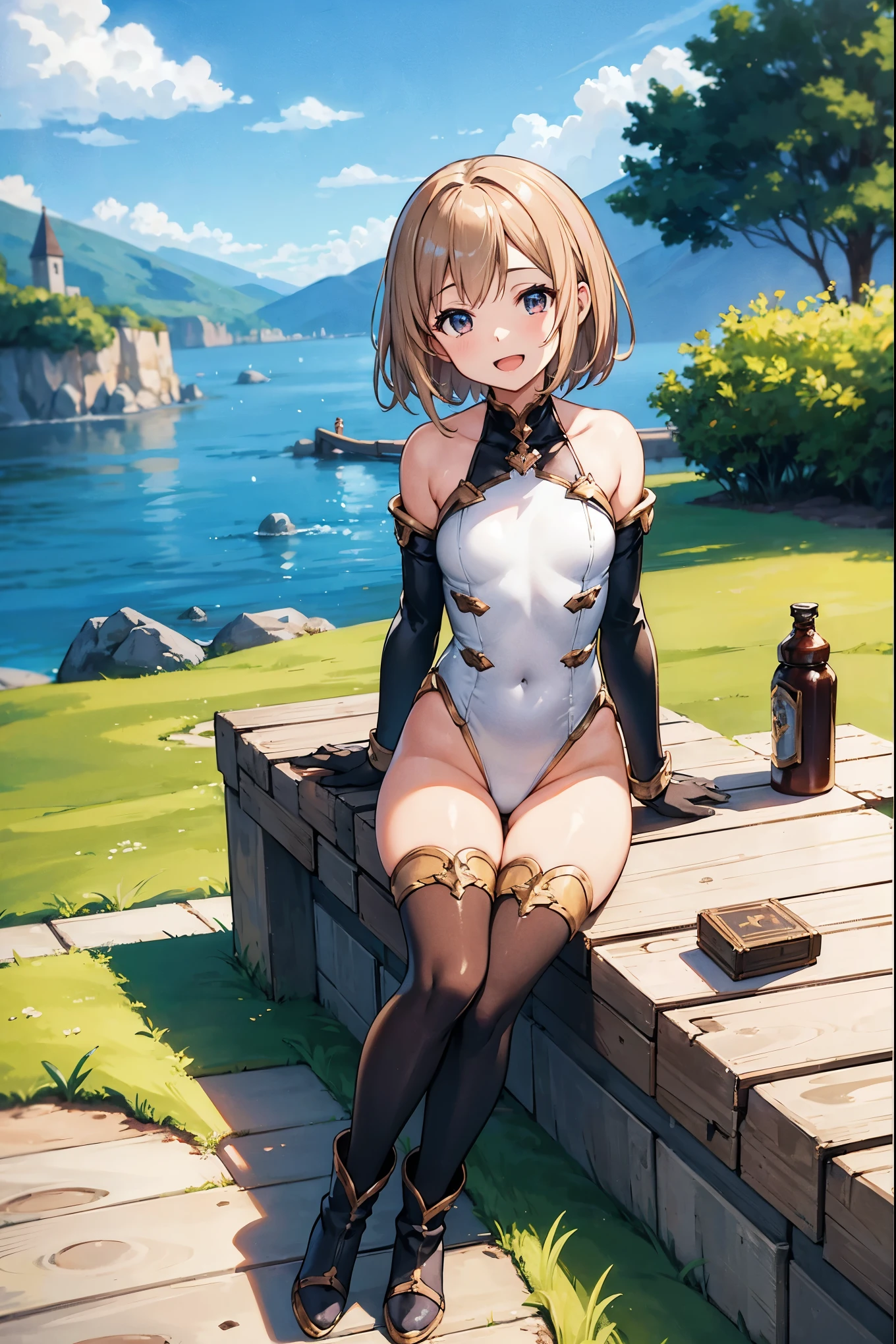 GRANBLUEfantasy,1ung_tegirl,brown_hair,medium_bob_hair,platina_blond_hair,white_leotard,covered_crotch,thigh-highs,smile,standing,bluesky_landscape_background,slightly_spread_legs,happiness, short_gloves ,solo, r18, navel,relicbuster,short,boots,open_mouth,sitting,knees,