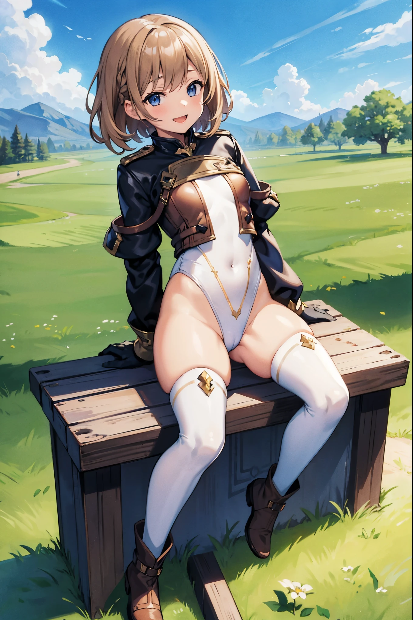 GRANBLUEfantasy,ung_teeirl,brown_hair,medium_bob_hair,platina_blond_hair,white_leotard,covered_crotch,thigh-highs,smile,standing,bluesky_landscape_background,slightly_spread_legs,happiness, short_gloves ,solo, r18, navel,relicbuster,short,boots,open_mouth,sitting,knees,