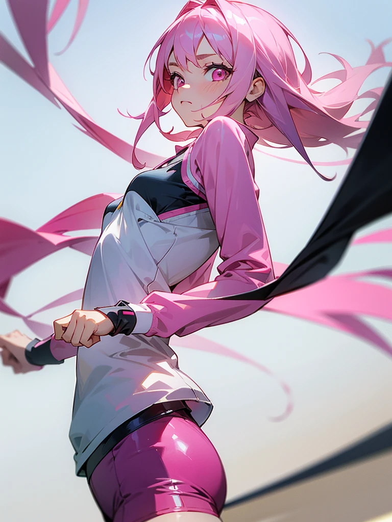 Masterpiece, best quality, 1girl, young, pink hair, pink eyes, day, short jogging outfit