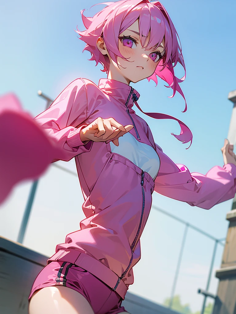 Masterpiece, best quality, 1girl, young, pink hair, pink eyes, day, short jogging outfit