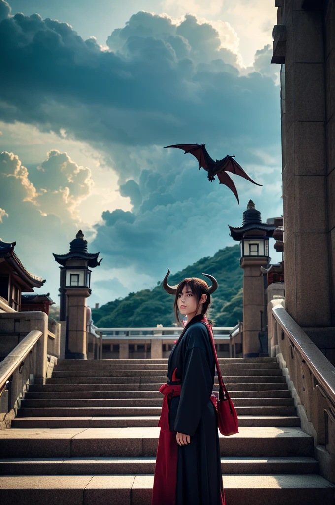 BJ_Sacred_beast,red_eyes,outdoors,horns,sky,cloud,no_humans,bird,cloudy_sky,scenery,stairs,fantasy,dragon,Japanese cityscape,eastern_dragon,cinematic lighting,strong contrast,high level of detail,Best quality,masterpiece,