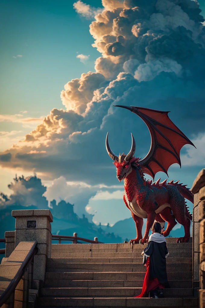 BJ_Sacred_beast,red_eyes,outdoors,horns,sky,cloud,no_humans,bird,cloudy_sky,scenery,stairs,fantasy,dragon,Japanese cityscape,eastern_dragon,cinematic lighting,strong contrast,high level of detail,Best quality,masterpiece,