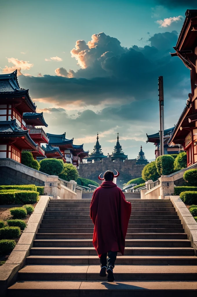 BJ_Sacred_beast,red_eyes,outdoors,horns,sky,cloud,no_humans,bird,cloudy_sky,scenery,stairs,fantasy,dragon,Japanese cityscape,eastern_dragon,cinematic lighting,strong contrast,high level of detail,Best quality,masterpiece,