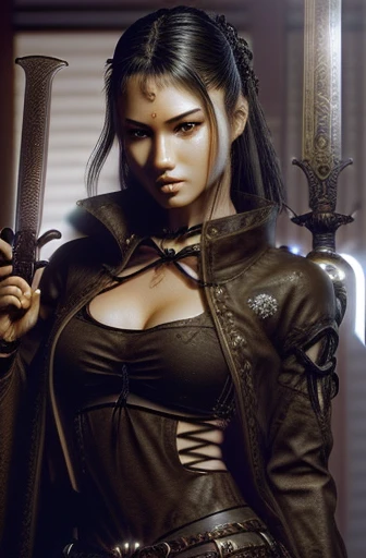 a close up of a woman with a sword in a room, very beautiful cyberpunk samurai, inked, she is holding a katana sword, female samurai, she is holding a sword, posing with a sword, cyberpunk angry gorgeous goddess, unsheathing her katana, a sexy blonde warrior, yakuza slim girl, with large sword, katana, beautiful sword