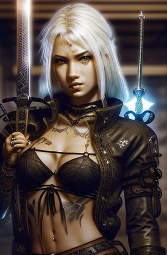 a close up of a woman with a sword in a room, very beautiful cyberpunk samurai, inked, she is holding a katana sword, female samurai, she is holding a sword, posing with a sword, cyberpunk angry gorgeous goddess, unsheathing her katana, a sexy blonde warrior, yakuza slim girl, with large sword, katana, beautiful sword