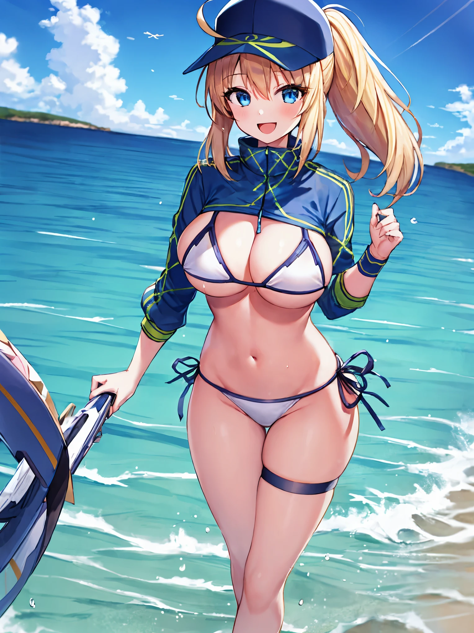 masterpiece,(ultra-detailed),1girl, mysterious heroine xx \(fate\), half_eyes,smile,open mouth, swimsuit, white bikini, side-tie bikini bottom, shrug \(clothing\), jacket,  thigh strap, wristband,  large_boobs, ocean_landscape, splashing,blonde_ponytail,open_legs,cap,happiness,,dynamic_standing,