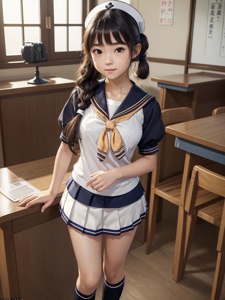 Very detailed CG Unity 8k wallpaper, Highest quality, Very detailed, masterpiece, Realistic, photo Realistic, ((Distant composition、Are standing:1.2))、((Full body portrait))、Very detailed cute 14 year old girl, (((Try lifting your skirt))), (Lift it yourself), Camel Toe、Natural Makeup、(masterpiece:1.3, Highest quality, Ultra-high resolution, Very detailed), (Realistic:1.1, photoRealistic:1.4)、School Life、In the classroom、Enjoying alone、Blushing、Xiaowa、Beautiful detailsまでこだわった髪, Beautifully detailed face, Beautiful details, Camel Toe、Beautiful clavicle, Beautiful body, Beautiful breasts, Beautiful thighs, Beautiful feet, Beautiful fingers,
View your viewers, 1 Girl, Japanese, 、smile、Perfect Face, (Perfect Anatomy, Anatomically correct), Cute and symmetrical face, Baby Face, White skin with attention to detail, Skirt flip、Camel Toe、Skirt flip、((Lower body naked))、((Wear loafers and socks))、(Cute side twin tails:1.5,brown、Scrunchie), Asymmetrical bangs, black eye, Long eyelashes, (Small Box)、Very slim figure、thin, blush, Lips parted, Looking at the audience ((Cute short-sleeved sailor uniform:1.5))、In a Japanese classroom、Detailed slender legs、White skin、Skirt flip、Camel Toe、Skirt flip、(2 legs、Black knee-high socks:1.2)、((One young junior high school student))、Full body portrait