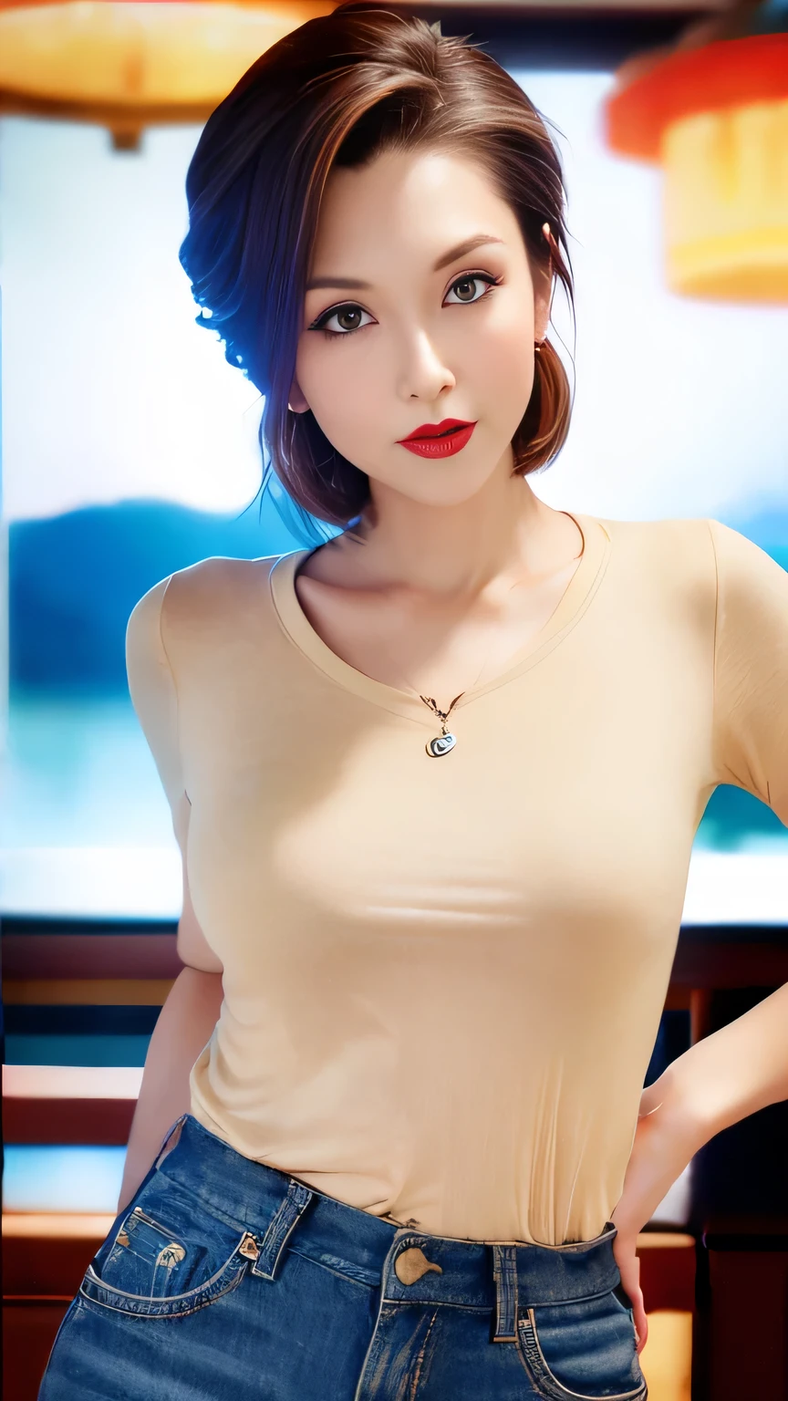 (Red lips), ((Looking into the camera)), (look forward to), Upper Body, Short Bob Hair, (Wavy Hair), Shapely small breasts, Sexy pose with twisted hips, brown hair, light brown hair, hair slicked back, low ponytail, hoop earrings, scowl, folded ponytail, bangs pinned back, empty eyes, amber eyes, hoop earrings, hoop earrings, heart earrings, drunk, widow's peak, depth of field, uhd, masterpiece, high quality, best quality, super detail, 8k、One Japanese woman、30 years old、Looking this way、(Cowboy Shot:1.4)、background:hotel lobby、Focused eyes、Detailed eyes、Detailed face、White T-shirt、Symmetrical eyes、Heavy makeup、